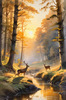 Printable Art of Deer Grazing in Woodland Clearing at Sunset