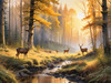 Printable Art of Deer Grazing in Woodland Clearing at Sunset