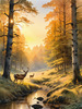 Printable Art of Deer Grazing in Woodland Clearing at Sunset