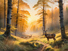 Printable Art of Deer Grazing in Woodland Clearing at Sunset