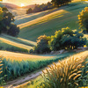 Golden Wheat Field at Sunset Realistic Landscape Art Print