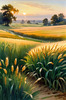 Golden Wheat Field at Sunset Realistic Landscape Art Print