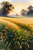 Golden Wheat Field at Sunset Realistic Landscape Art Print