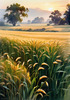 Golden Wheat Field at Sunset Realistic Landscape Art Print
