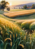 Golden Wheat Field at Sunset Realistic Landscape Art Print
