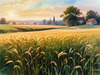 Golden Wheat Field at Sunset Realistic Landscape Art Print