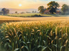 Golden Wheat Field at Sunset Realistic Landscape Art Print