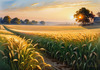 Golden Wheat Field at Sunset Realistic Landscape Art Print