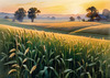 Golden Wheat Field at Sunset Realistic Landscape Art Print