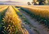 Golden Wheat Field at Sunset Realistic Landscape Art Print