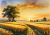 Golden Wheat Field at Sunset Realistic Landscape Art Print