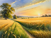 Golden Wheat Field at Sunset Realistic Landscape Art Print