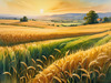 Golden Wheat Field at Sunset Realistic Landscape Art Print