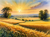 Golden Wheat Field at Sunset Realistic Landscape Art Print
