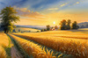 Golden Wheat Field at Sunset Realistic Landscape Art Print