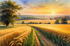 Golden Wheat Field at Sunset Realistic Landscape Art Print
