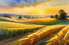 Golden Wheat Field at Sunset Realistic Landscape Art Print