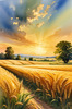 Golden Wheat Field at Sunset Realistic Landscape Art Print