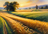 Golden Wheat Field at Sunset Realistic Landscape Art Print