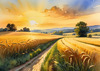 Golden Wheat Field at Sunset Realistic Landscape Art Print