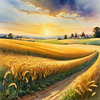 Golden Wheat Field at Sunset Realistic Landscape Art Print