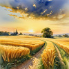 Golden Wheat Field at Sunset Realistic Landscape Art Print