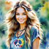 Printable Art of a Hippie Girl with Tie-Dye Clothing and Peace Necklace in a Meadow