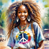 Printable Art of a Hippie Girl with Tie-Dye Clothing and Peace Necklace in a Meadow