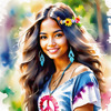 Printable Art of a Hippie Girl with Tie-Dye Clothing and Peace Necklace in a Meadow
