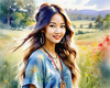 Printable Art of a Hippie Girl with Tie-Dye Clothing and Peace Necklace in a Meadow