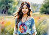 Printable Art of a Hippie Girl with Tie-Dye Clothing and Peace Necklace in a Meadow