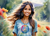 Printable Art of a Hippie Girl with Tie-Dye Clothing and Peace Necklace in a Meadow