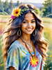 Printable Art of a Hippie Girl with Tie-Dye Clothing and Peace Necklace in a Meadow