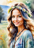 Printable Art of a Hippie Girl with Tie-Dye Clothing and Peace Necklace in a Meadow
