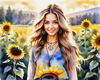 Printable Art of a Hippie Girl with Tie-Dye Clothing and Peace Necklace in a Meadow