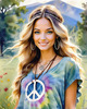 Printable Art of a Hippie Girl with Tie-Dye Clothing and Peace Necklace in a Meadow