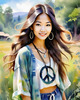 Printable Art of a Hippie Girl with Tie-Dye Clothing and Peace Necklace in a Meadow