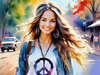 Printable Art of a Hippie Girl with Tie-Dye Clothing and Peace Necklace in a Meadow
