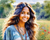 Printable Art of a Hippie Girl with Tie-Dye Clothing and Peace Necklace in a Meadow