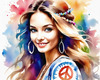 Printable Art of a Hippie Girl with Tie-Dye Clothing and Peace Necklace in a Meadow
