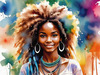 Printable Art of a Hippie Girl with Tie-Dye Clothing and Peace Necklace in a Meadow
