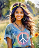 Printable Art of a Hippie Girl with Tie-Dye Clothing and Peace Necklace in a Meadow