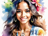 Printable Art of a Hippie Girl with Tie-Dye Clothing and Peace Necklace in a Meadow