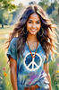 Printable Art of a Hippie Girl with Tie-Dye Clothing and Peace Necklace in a Meadow