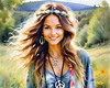 Printable Art of a Hippie Girl with Tie-Dye Clothing and Peace Necklace in a Meadow