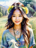 Printable Art of a Hippie Girl with Tie-Dye Clothing and Peace Necklace in a Meadow