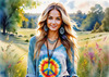 Printable Art of a Hippie Girl with Tie-Dye Clothing and Peace Necklace in a Meadow