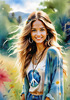 Printable Art of a Hippie Girl with Tie-Dye Clothing and Peace Necklace in a Meadow