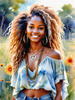 Printable Art of a Hippie Girl with Tie-Dye Clothing and Peace Necklace in a Meadow