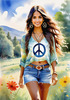 Printable Art of a Hippie Girl with Tie-Dye Clothing and Peace Necklace in a Meadow